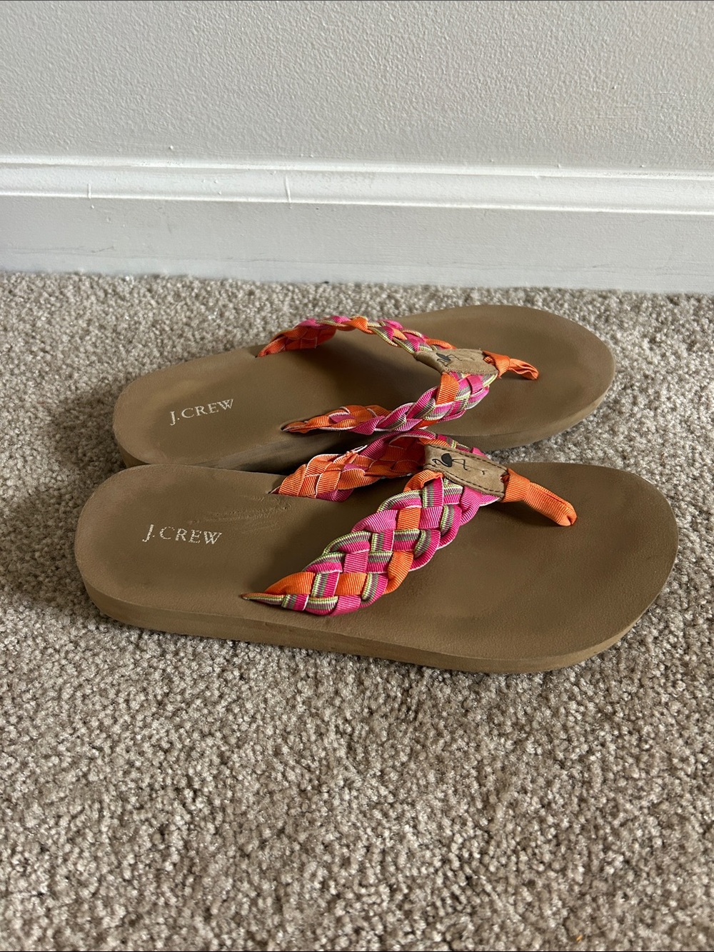 NEW J CREW FLAMINGO FLIP FLOPS Pink Orange Green Braided Ribbon THONG SANDALS 7